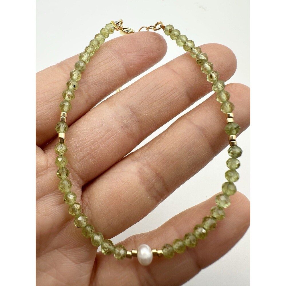 Natural Faceted Peridot Freshwater Pearl Bracelet 8.75”